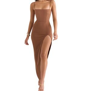 NWT House of CB Jaida Stretch Crepe Maxi Corset Dress in Toast - Sz S
